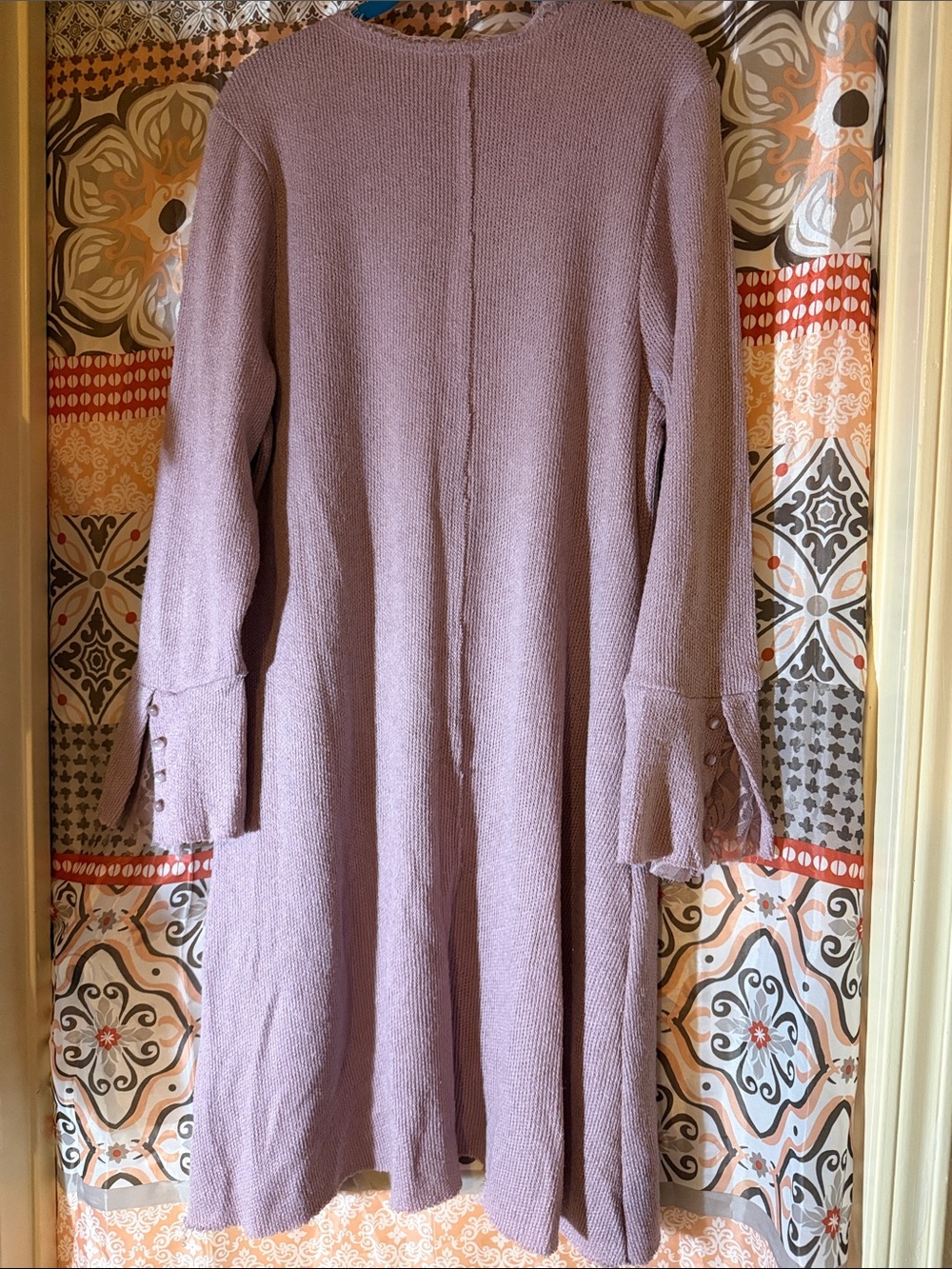 Krazy Kat Dusty Plum -  Duster/Long Cardigan Sweater w/ lace trim & bell cuffs - Picture 7 of 10